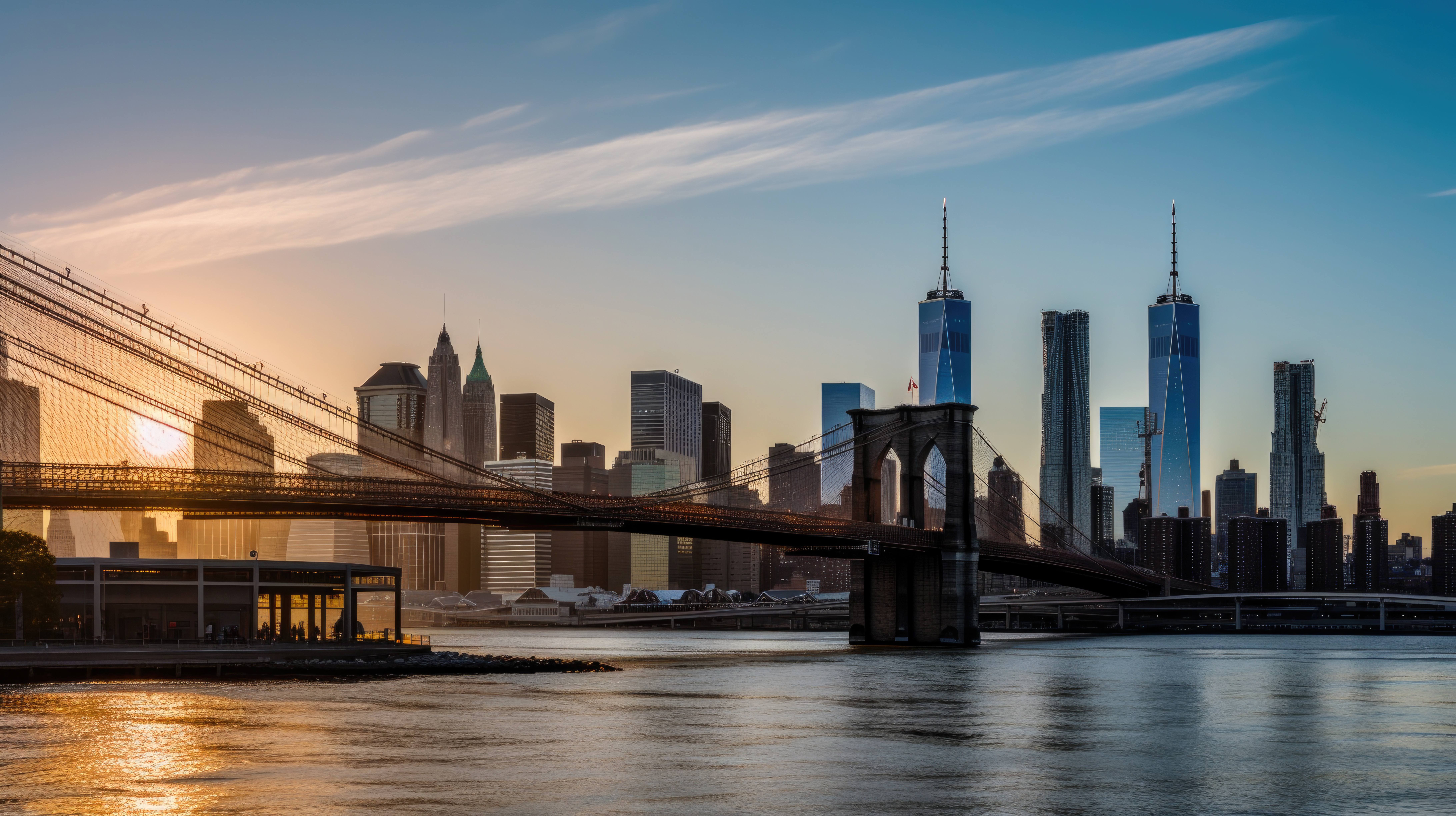 Sunrise over Brooklyn Bridge and downtown New York City
