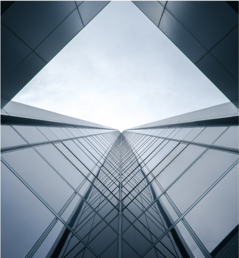 A unique perspective of a building from below, showcasing architectural innovation.