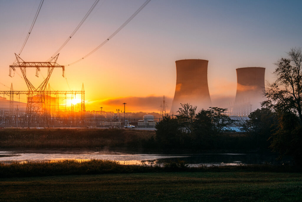 Vibrant Colored Image of two cooling towers of a nuclear power facility in Tennessee, USA on a Sunny Autumn Day.